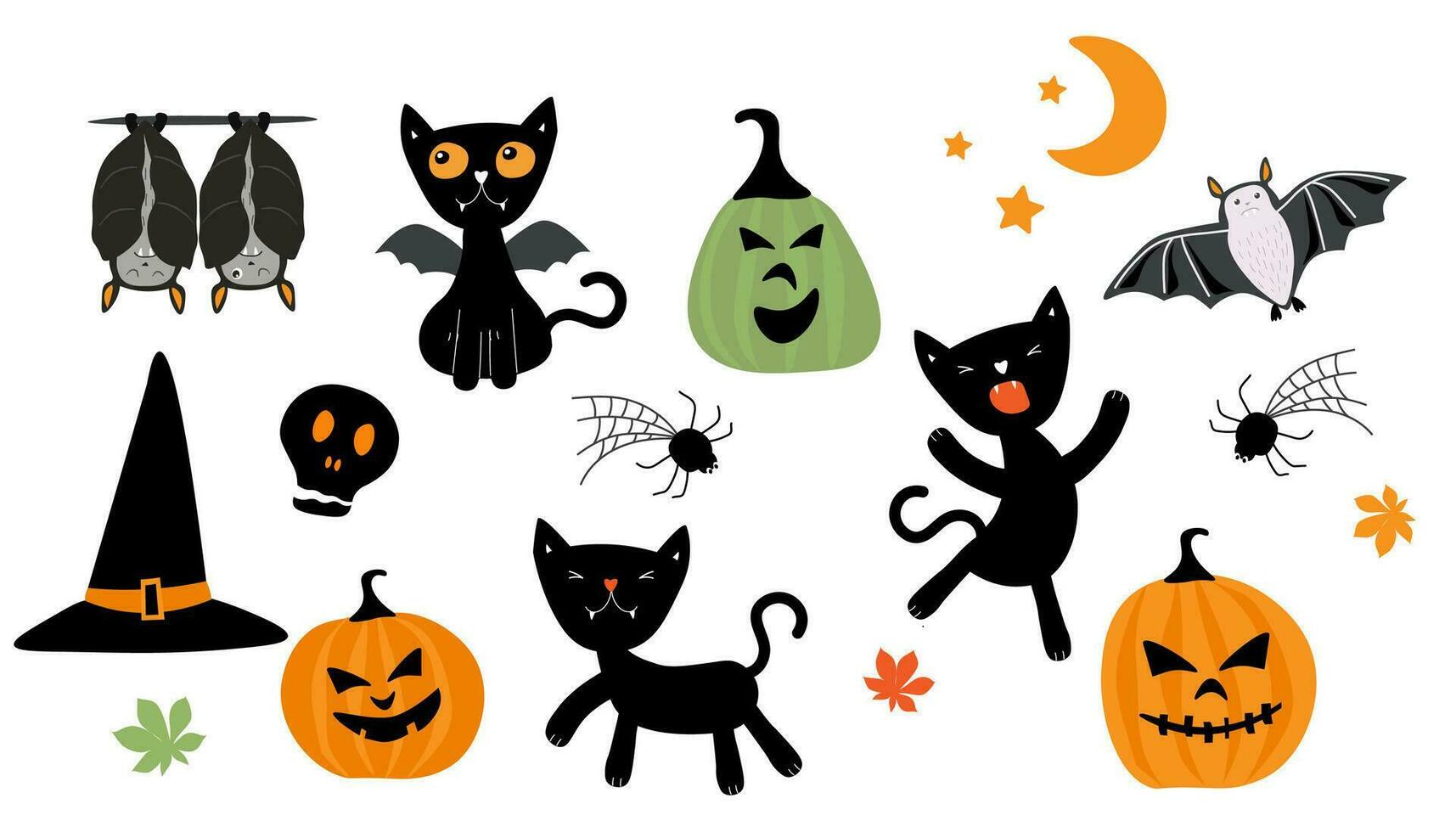 un conjunto de elementos para el fiesta de Víspera de Todos los Santos. negro gatos, calabazas, murciélagos, web arañas, bruja sombrero. vector gráficos.