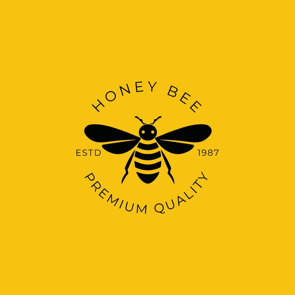 A honey bee logo on a yellow background. The bee is black and yellow, and it is facing the viewer. vector