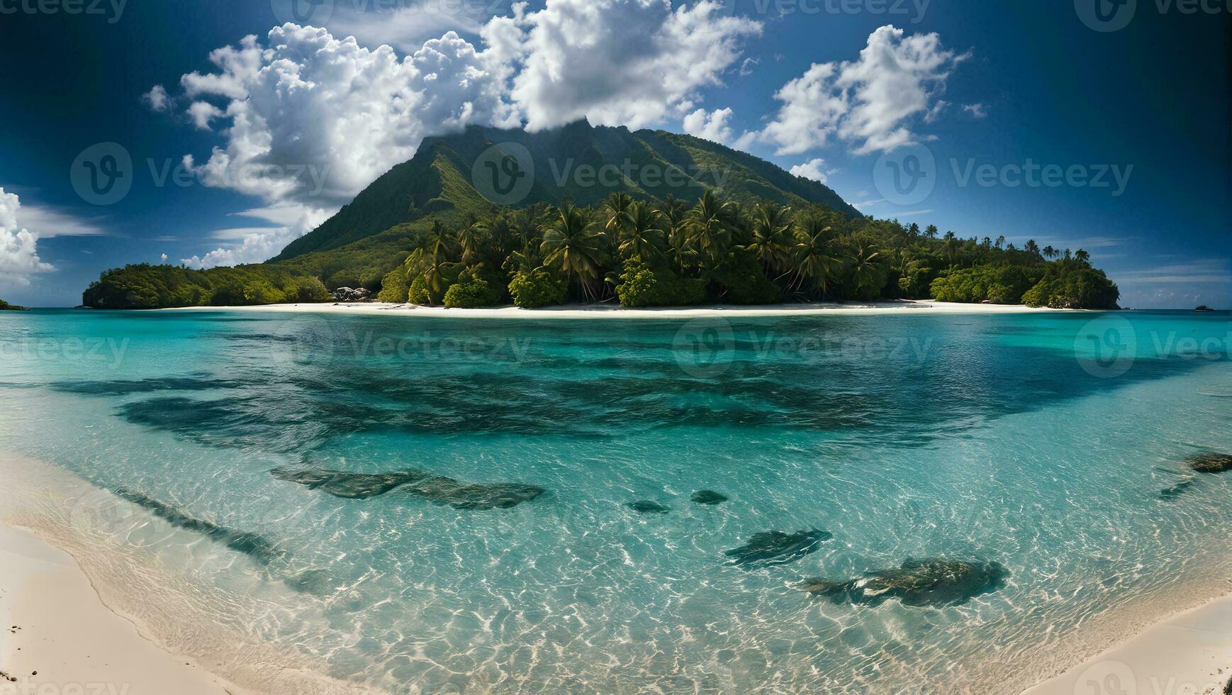 Paradise tropical island in the ocean, bright sun, sandy beach, clear water, palm trees and blue sky. photo