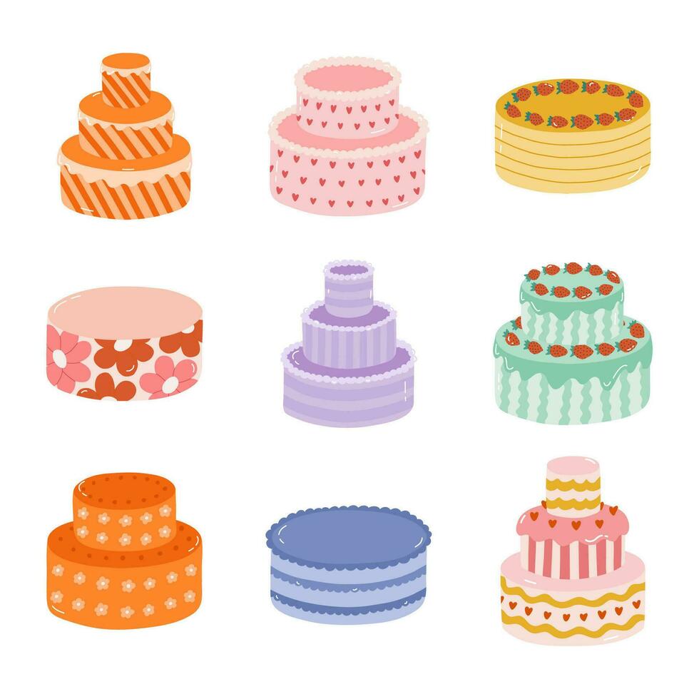 Set of cute birthday cake with burning candles. Dessert for celebration, anniversary, wedding. Stylized vector illustration of holiday cupcake. Trendy hand drawn clipart in the scandinavian style
