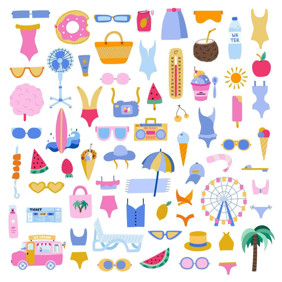 Big trendy set about summer holiday, tropical beach, hot weather, summer rest. Hand drawn vector vacation set in flat style. Isolated doodle and clipart. Seasonal drinks, entertainment, outfits.