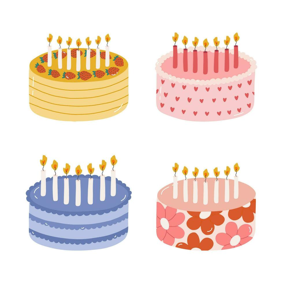 Set of cute birthday cake with burning candles. Dessert for celebration, anniversary, wedding. Stylized vector illustration of holiday cupcake. Trendy hand drawn clipart in the scandinavian style