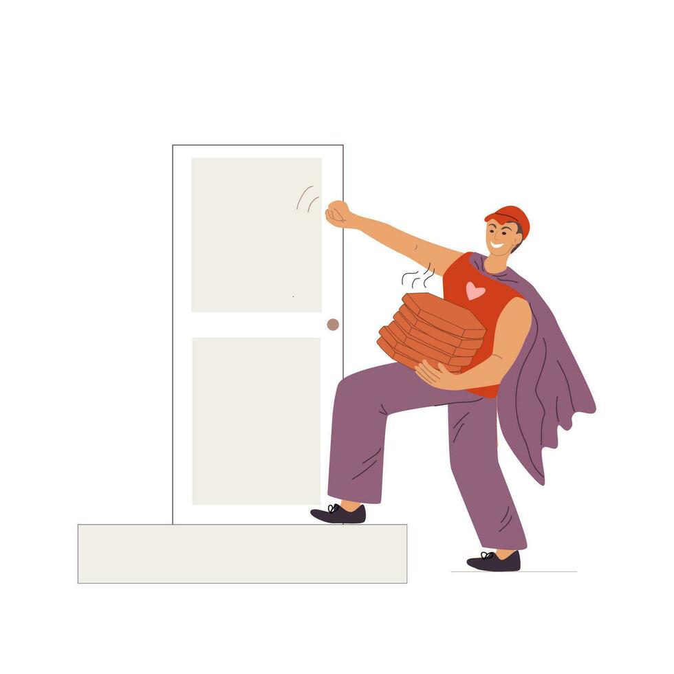 pizza delivery to the door quickly and instantly like superheroes. Vector illustration on white background. Pizza arrived on time.