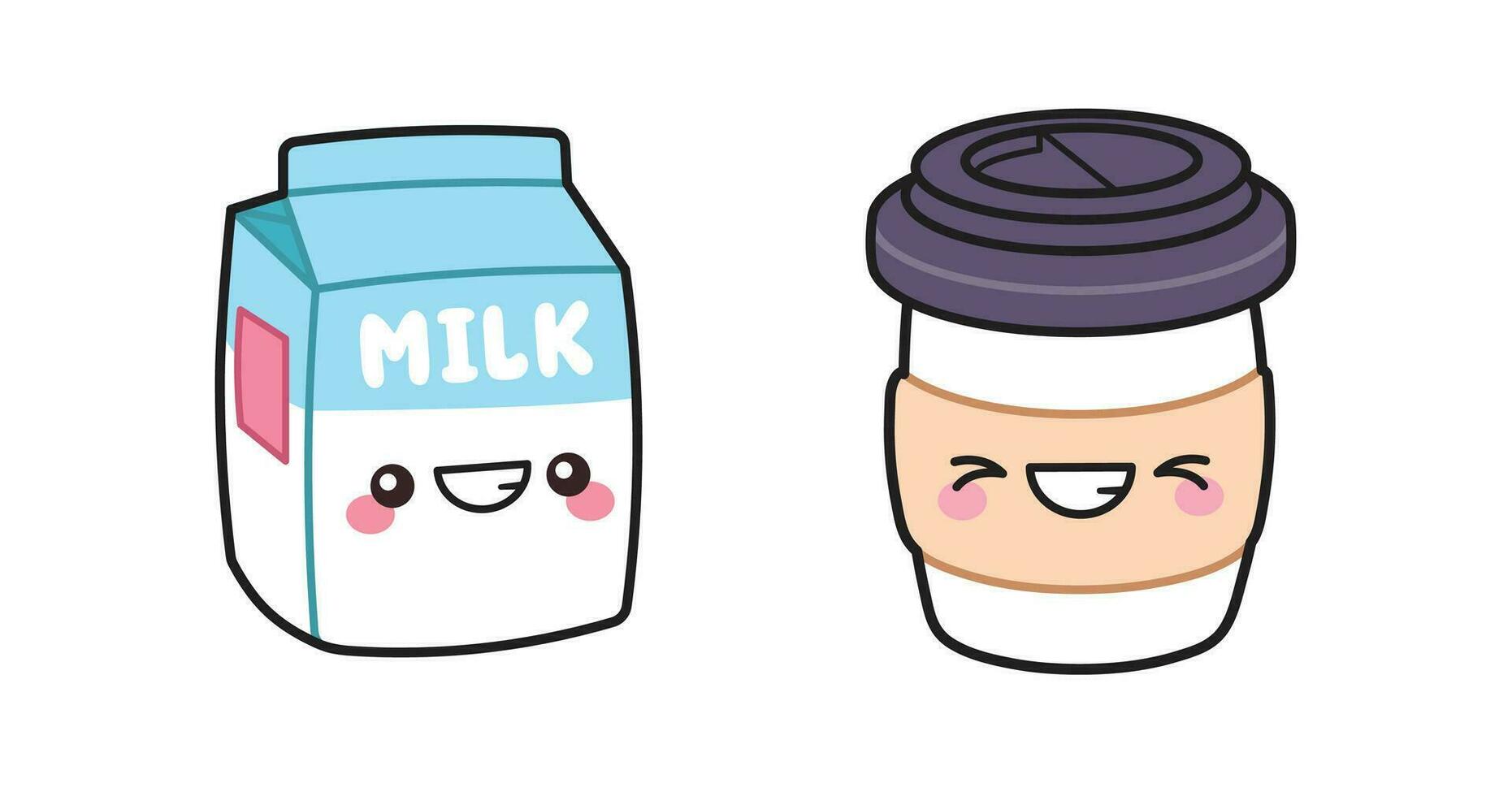 Cute Kawaii Milk and Coffe Clipart Sticker vector
