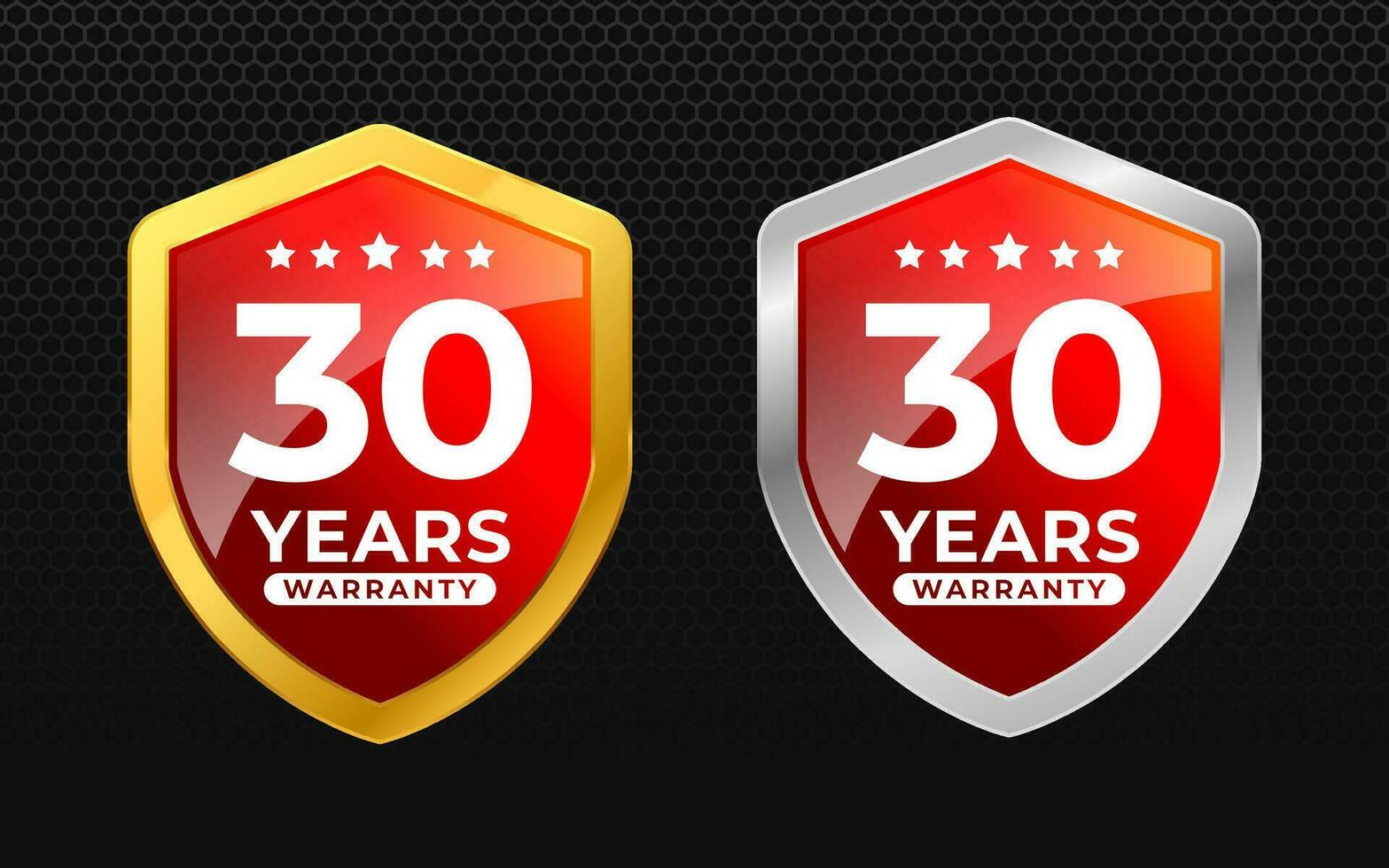 30 years warranty with glossy gold and silver vector shield shape. for label, seal, stamp, icon, logo, badge, symbol, sticker, button