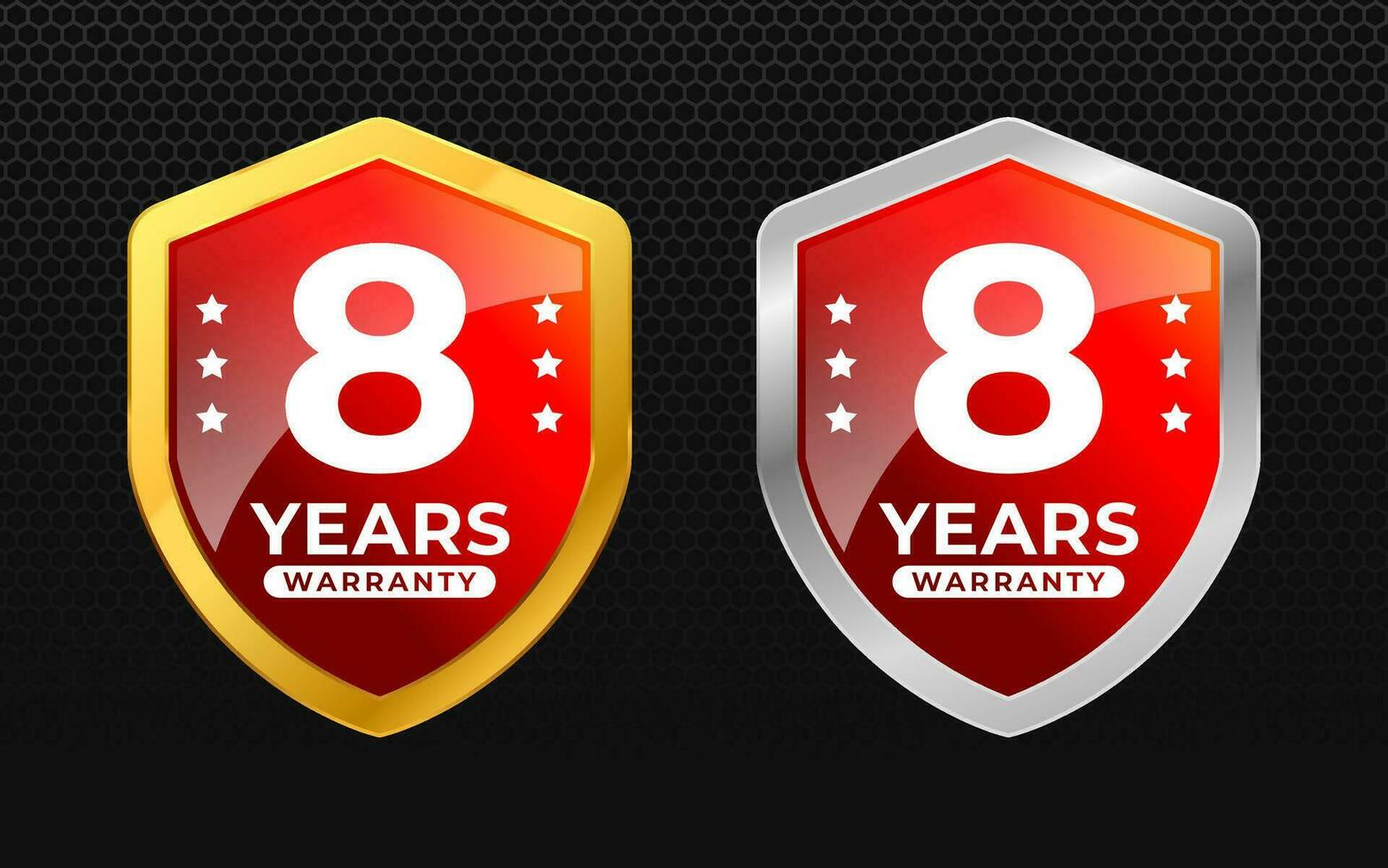 8 years warranty with glossy gold and silver vector shield shape. for label, seal, stamp, icon, logo, badge, symbol, sticker, button