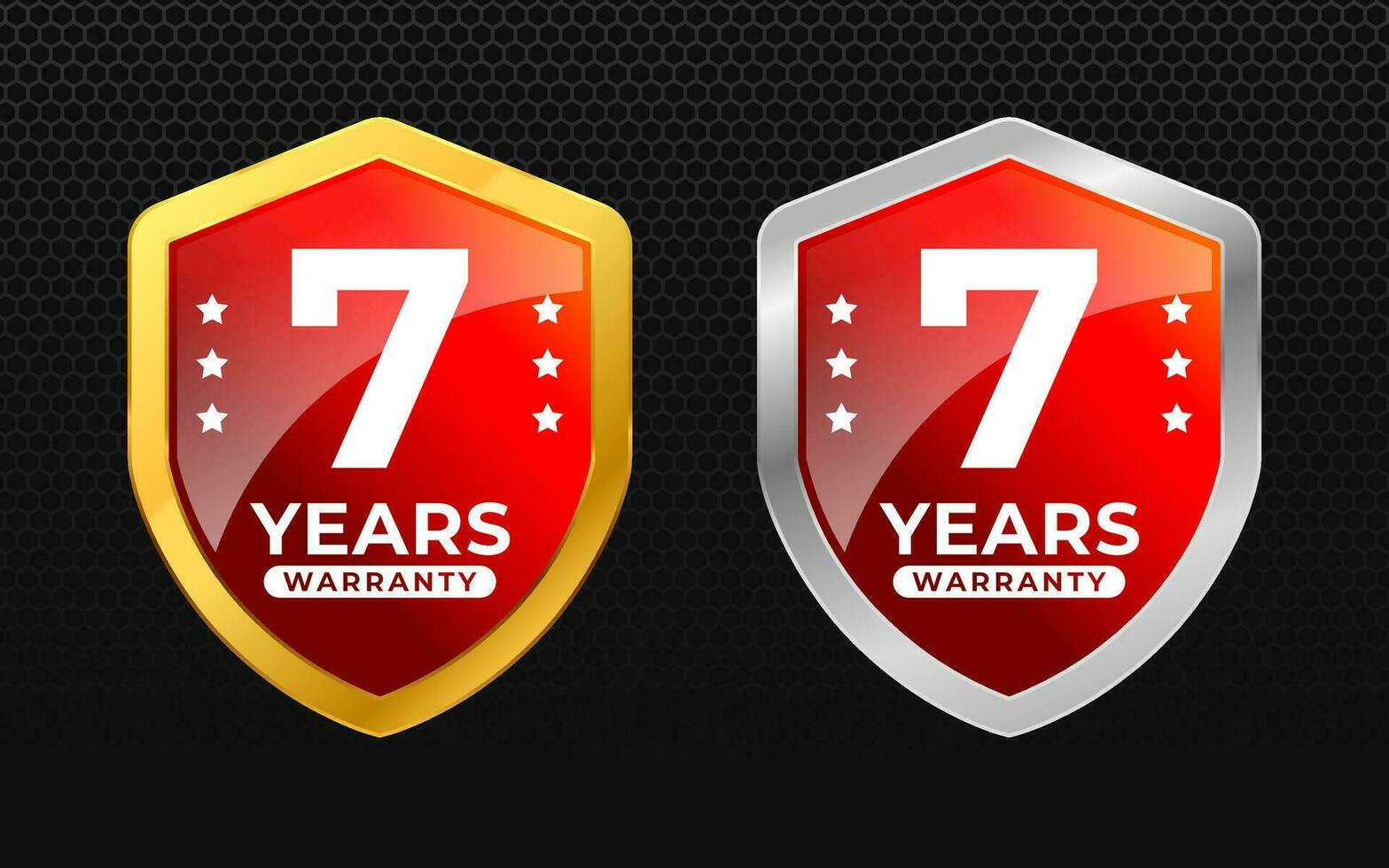7 years warranty with glossy gold and silver vector shield shape. for label, seal, stamp, icon, logo, badge, symbol, sticker, button