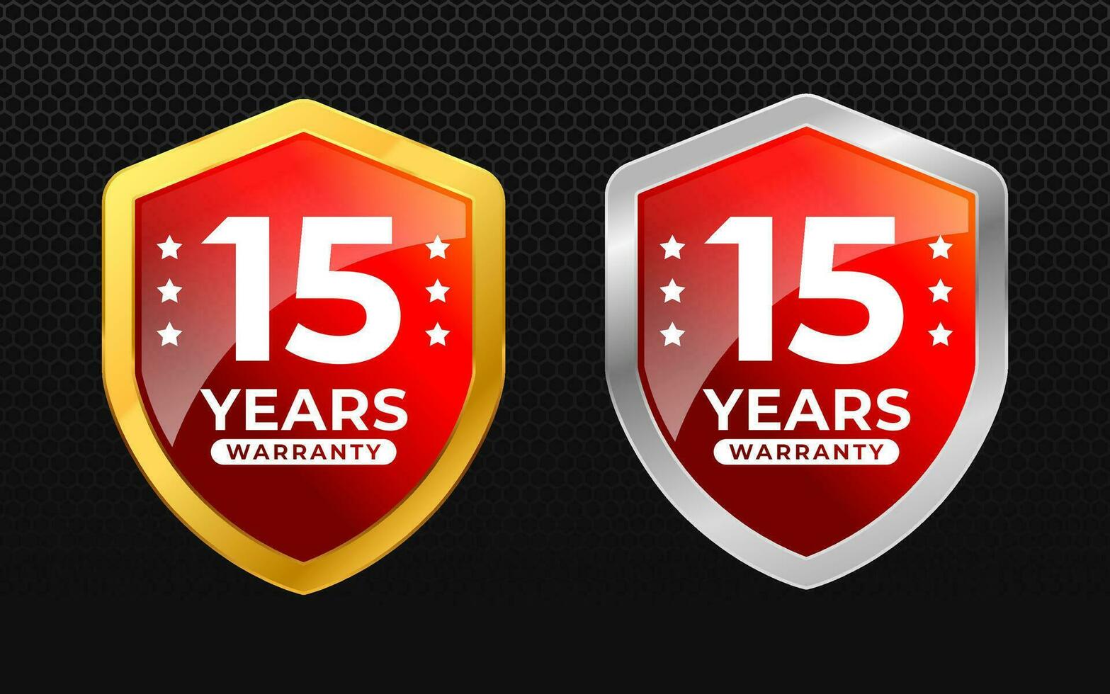 15 years warranty with glossy gold and silver vector shield shape. for label, seal, stamp, icon, logo, badge, symbol, sticker, button