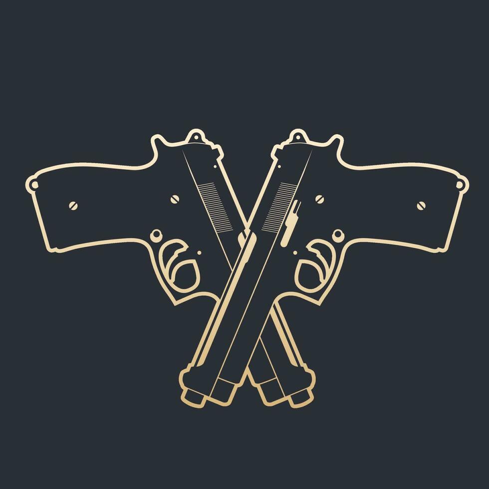 crossed modern pistols, two semiautomatic handguns, gold outline, vector illustration