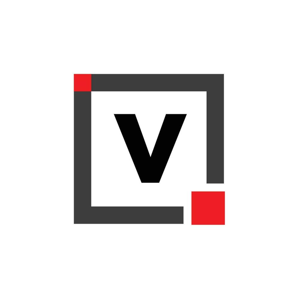 V company name monogram with red square. V dot icon. vector