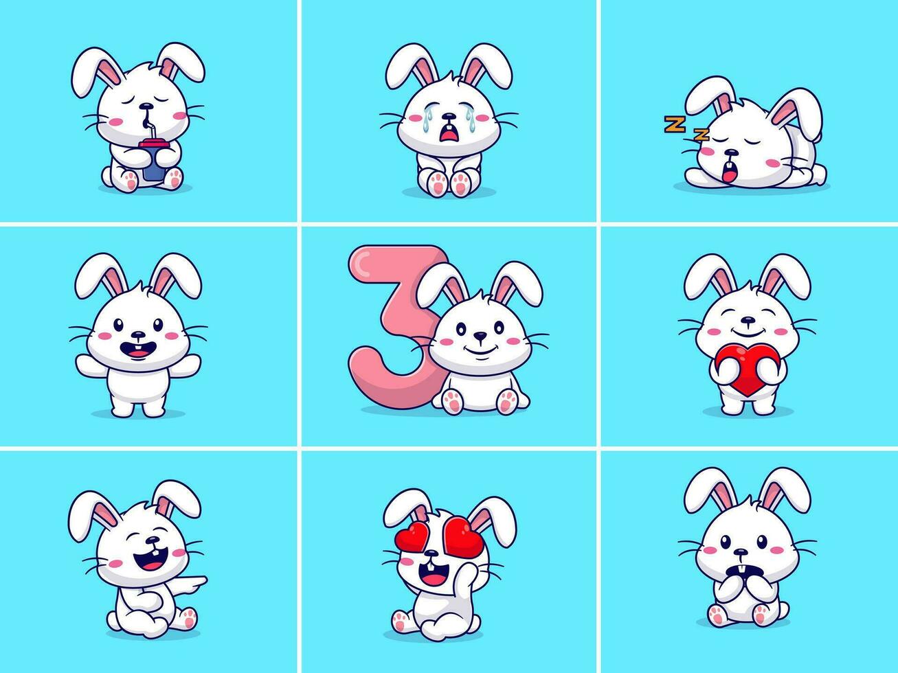 Set of cute rabbit characters with different emoticons vector