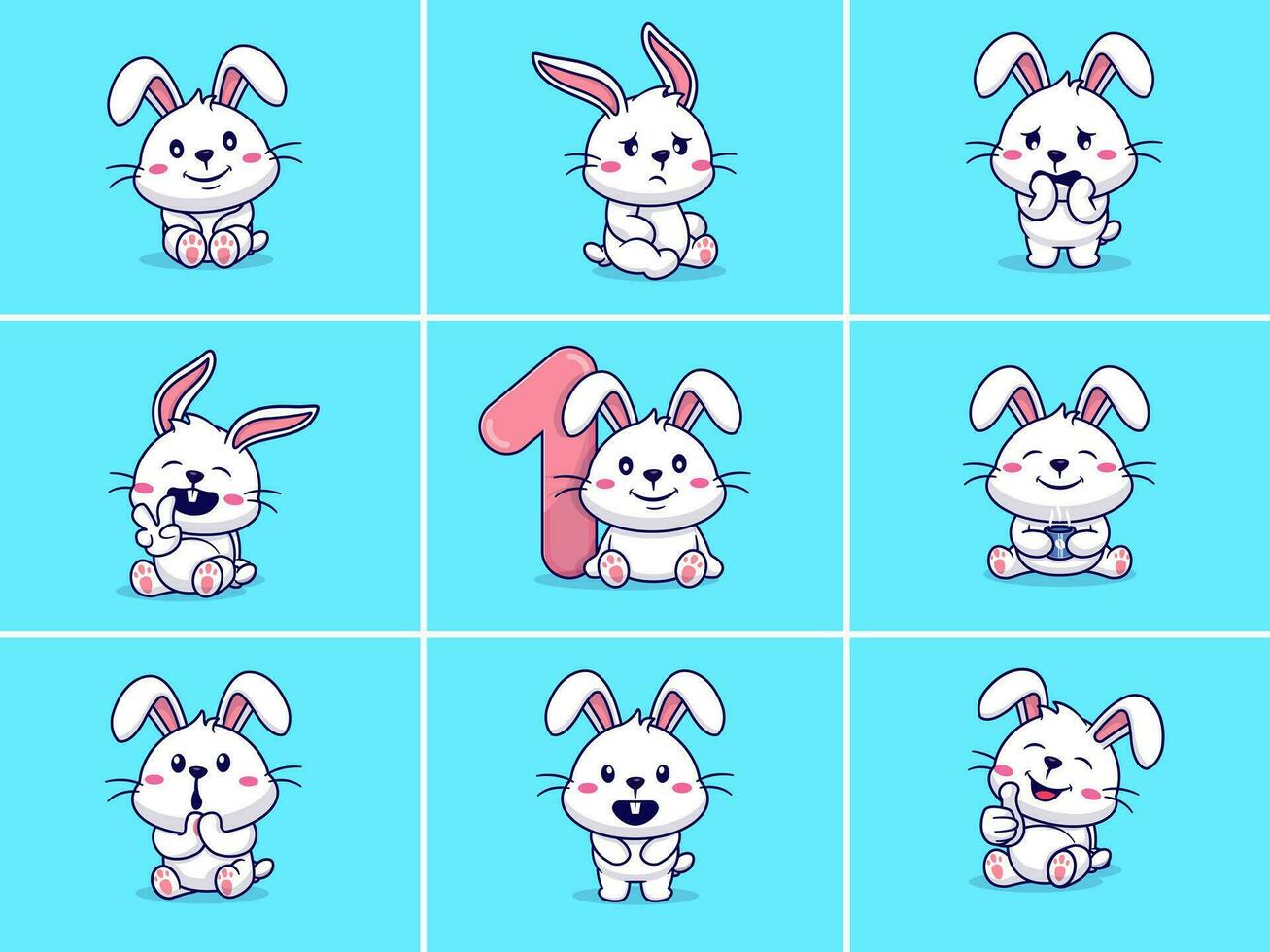 Set of cute rabbit characters with different emoticons vector