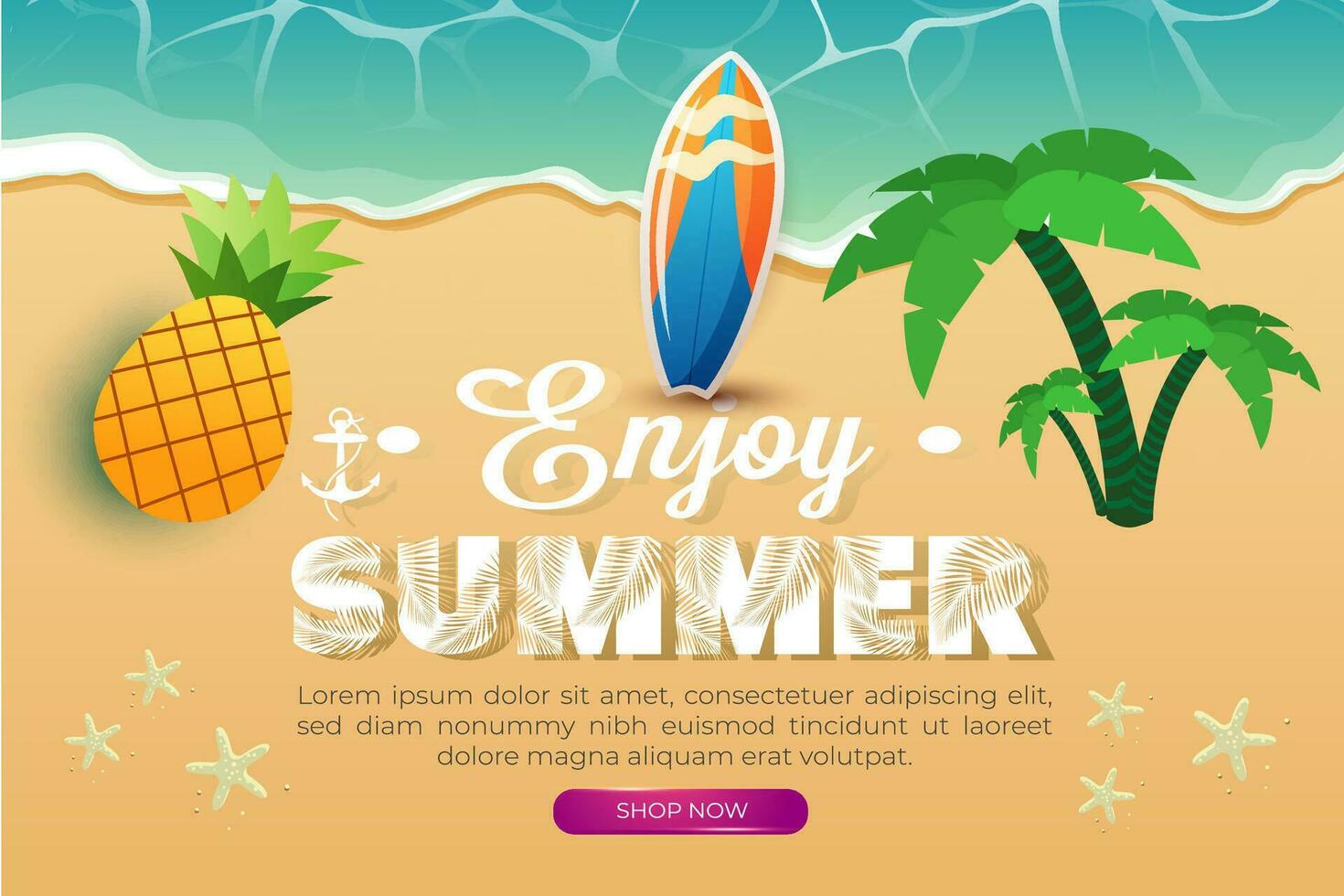 Summer sale banner and poster design with tropical beach background Vector. Realistic big and super sale summer vacation background design. vector