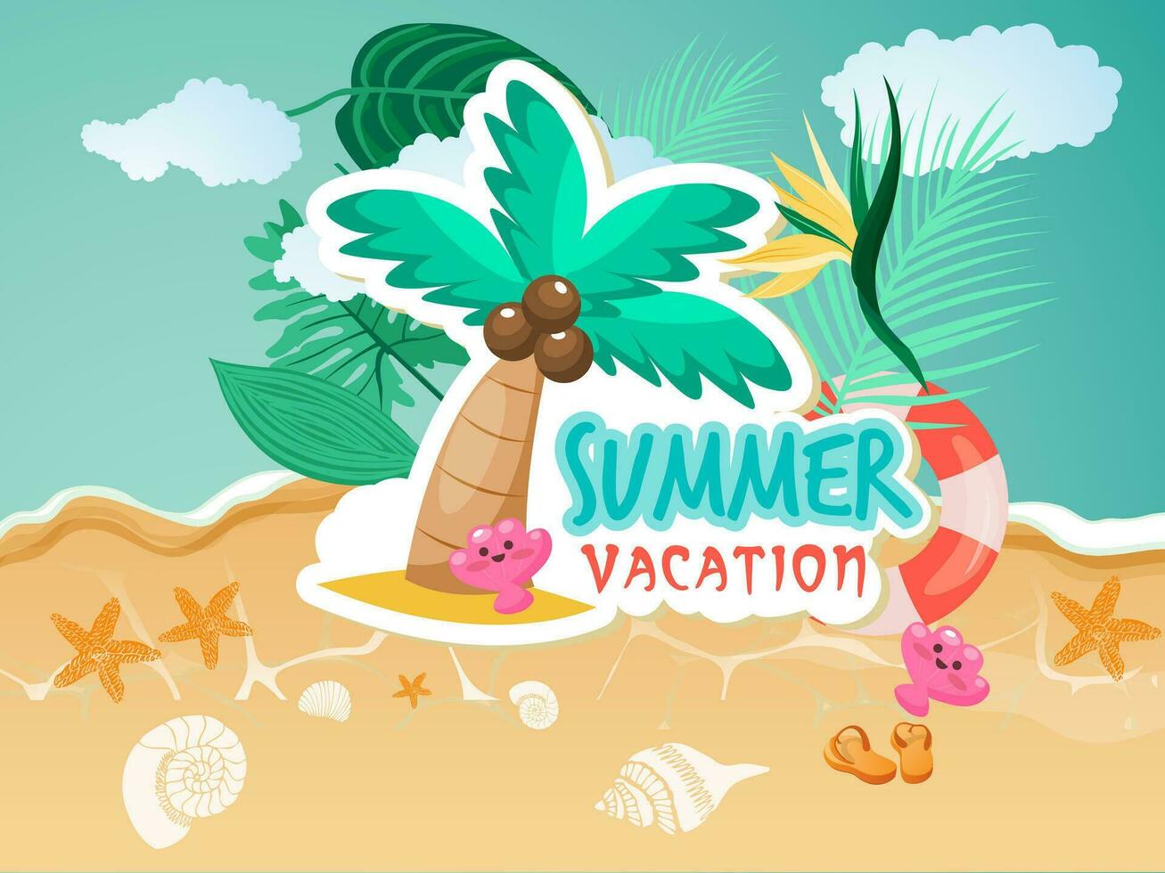 Realistic Summer sale banner and poster design with tropical leaves background Vector. big and super sale summer background design. vector