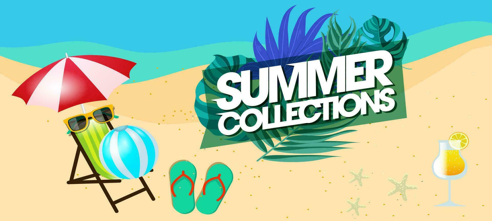 Summer sale banner and poster design with tropical beach background Vector. Realistic big and super sale summer vacation background design. vector