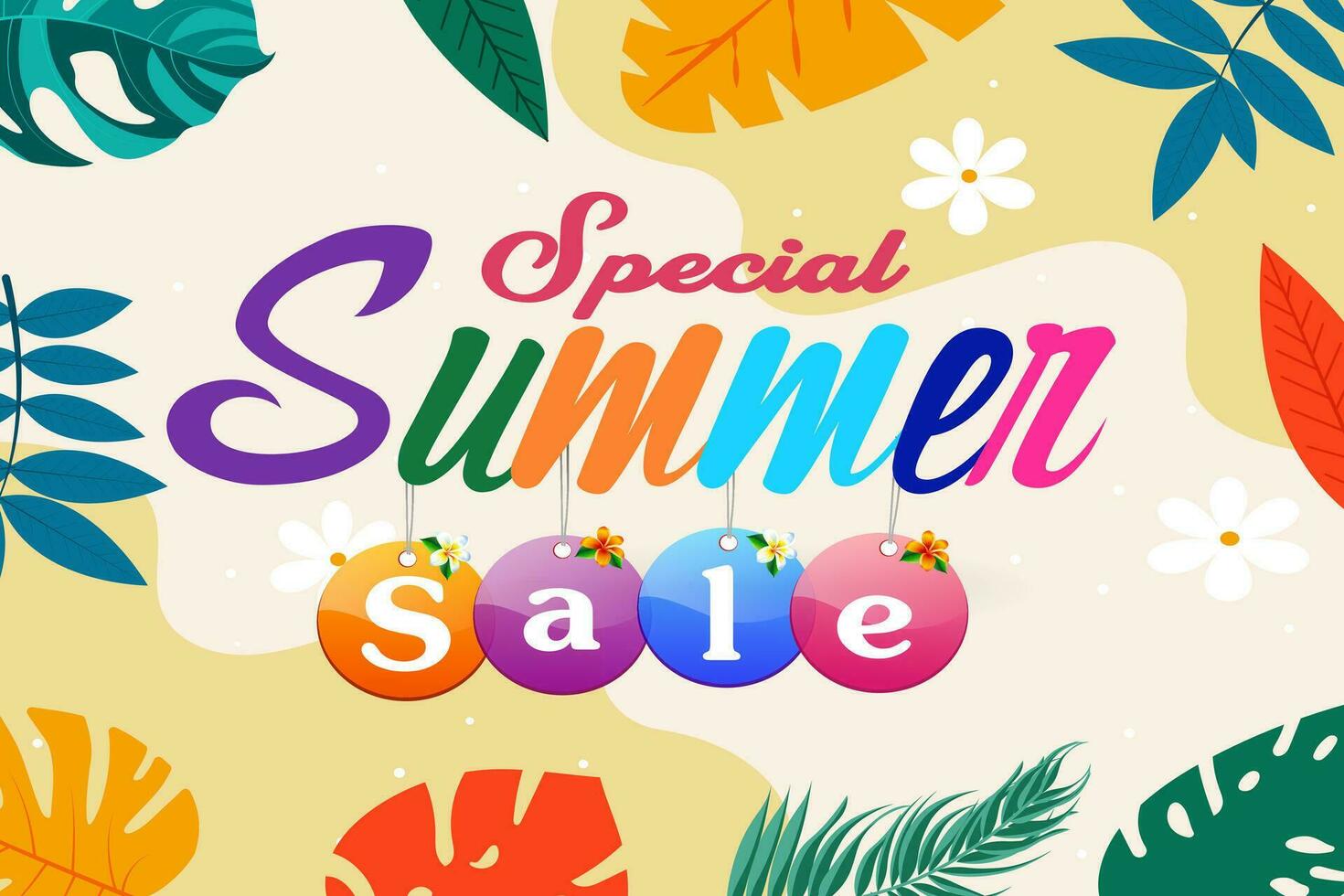 Realistic Summer sale banner and poster design with tropical leaves background Vector. big and super sale summer background design. vector