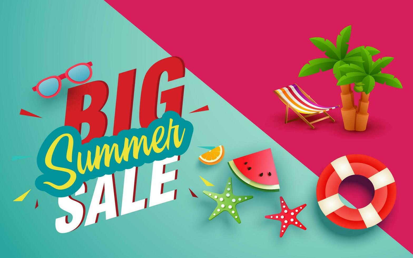 Summer sale banner and poster design with tropical beach background Vector. Realistic big and super sale summer vacation background design. vector