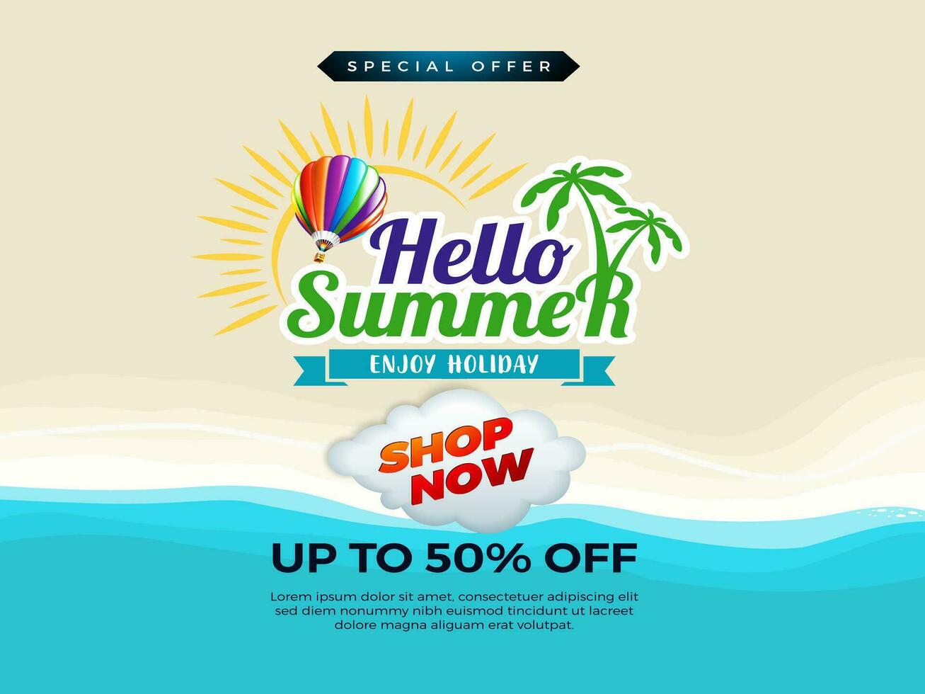 Summer sale banner and poster design with tropical beach background Vector. Realistic big and super sale summer vacation background design. vector