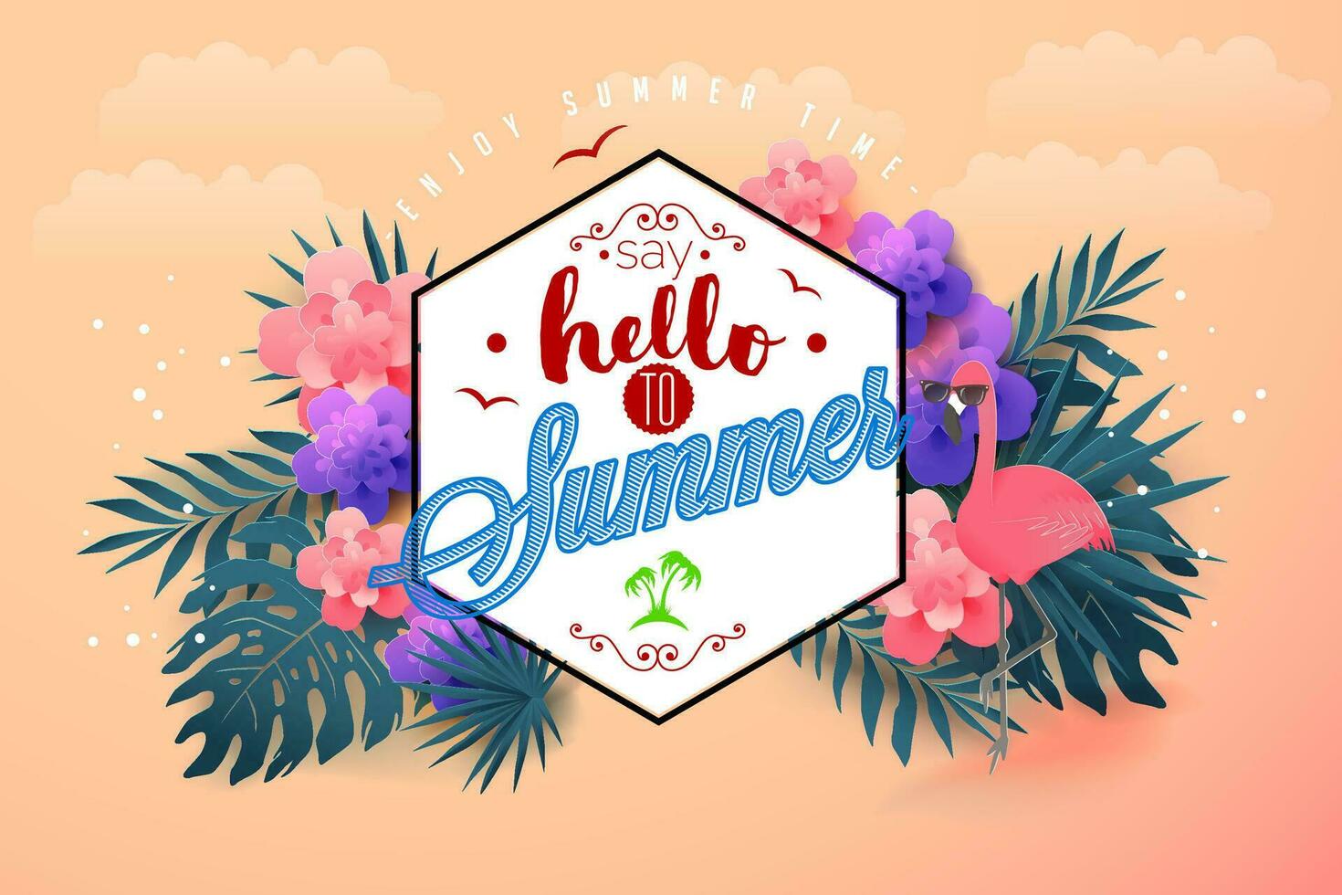 Summer sale banner and poster design with tropical beach background Vector. Realistic big and super sale summer vacation background design. vector