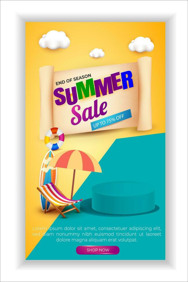 Summer sale banner and poster design with tropical beach background Vector. Realistic big and super sale summer vacation background design. vector