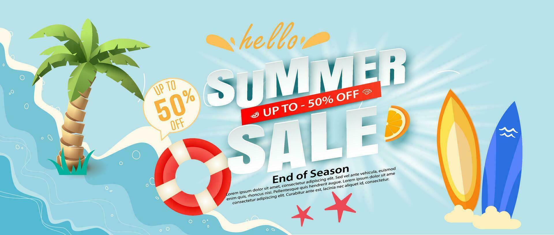 Summer sale banner and poster design with tropical beach background Vector. Realistic big and super sale summer vacation background design. vector