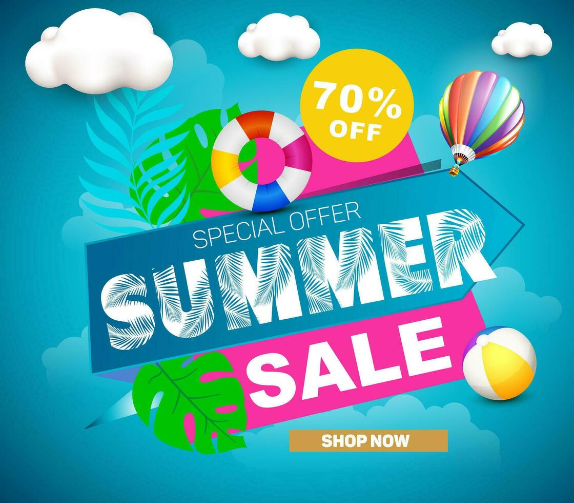 Summer sale banner and poster design with tropical beach background Vector. Realistic big and super sale summer vacation background design. vector