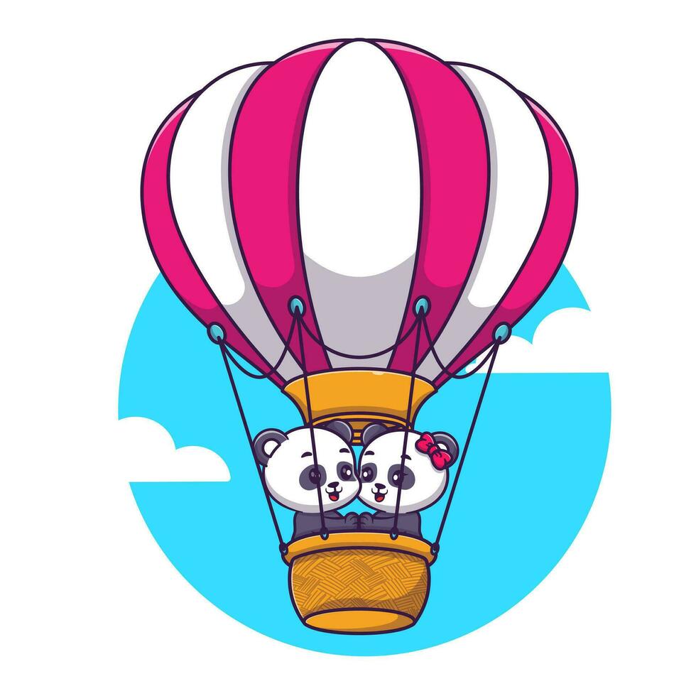 Cute panda couple floating with the air balloons vector icon illustration