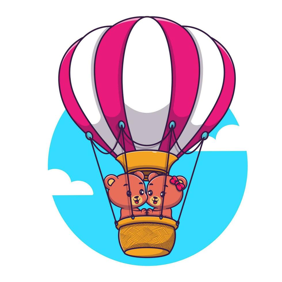 Cute bear couple floating with the air balloons vector icon illustration