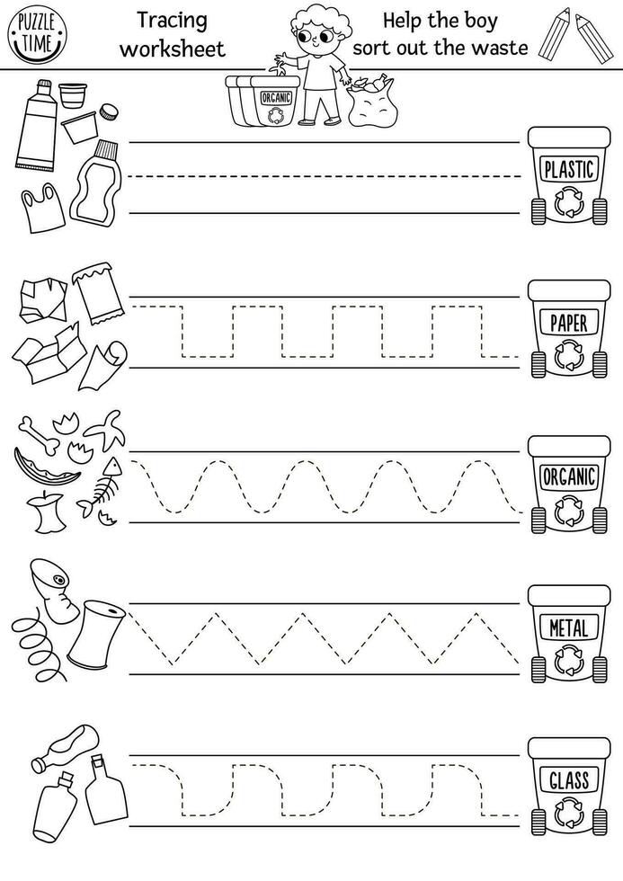 vector ecológico escritura práctica hoja de cálculo. eco conciencia imprimible negro y blanco actividad para preescolar niños. rastreo juego para escritura habilidades. colorante página con residuos clasificación concepto