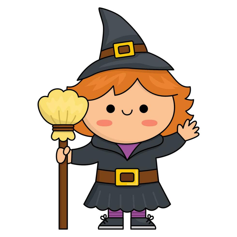 vector kawaii bruja. linda sonriente Víspera de Todos los Santos personaje para niños. gracioso otoño todas santos día dibujos animados ilustración con niña en alto sombrero con palo de escoba. samhain fiesta icono diseño para niños