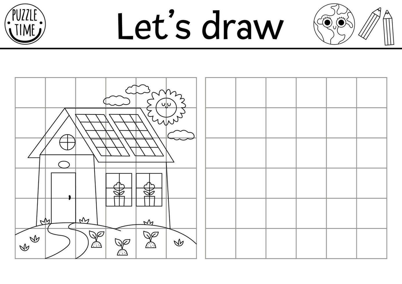 Draw the house. Complete the picture. Vector ecological drawing practice worksheet. Printable black and white activity for kids with cute home. Eco awareness copy the picture coloring page