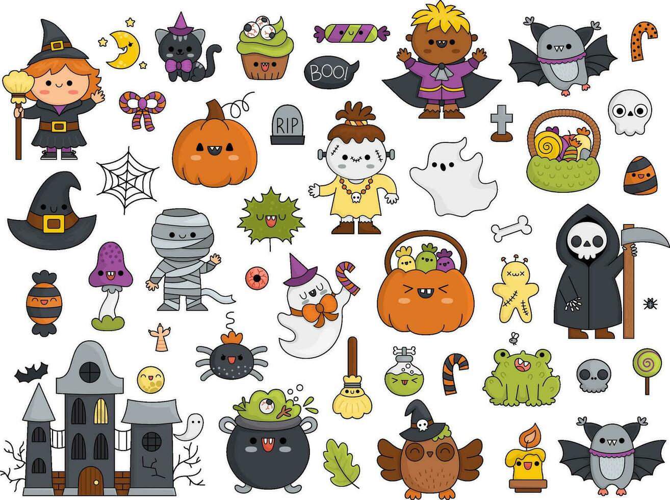 Vector kawaii Halloween clipart set for kids. Cute cartoon Samhain party elements. Scary collection with jack-o-lantern, haunted house, ghost, skull, bat, witch, vampire. Autumn holiday characters