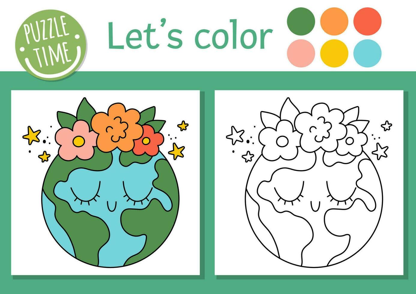 Ecological coloring page for children with planet. Vector eco awareness outline illustration with cute Earth. Color book for kids with colored example. Drawing skills printable worksheet