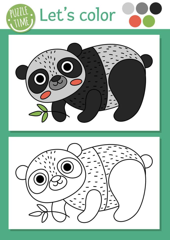 Ecological coloring page for children with panda bear. Vector eco awareness outline illustration with cute animal. Color book for kids with colored example. Drawing skills printable worksheet
