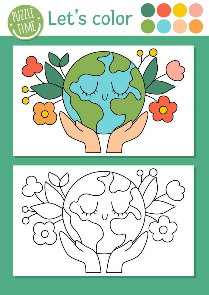 ecológico colorante página para niños con planeta. vector eco conciencia contorno ilustración con linda tierra. color libro para niños con de colores ejemplo. dibujo habilidades imprimible hoja de cálculo