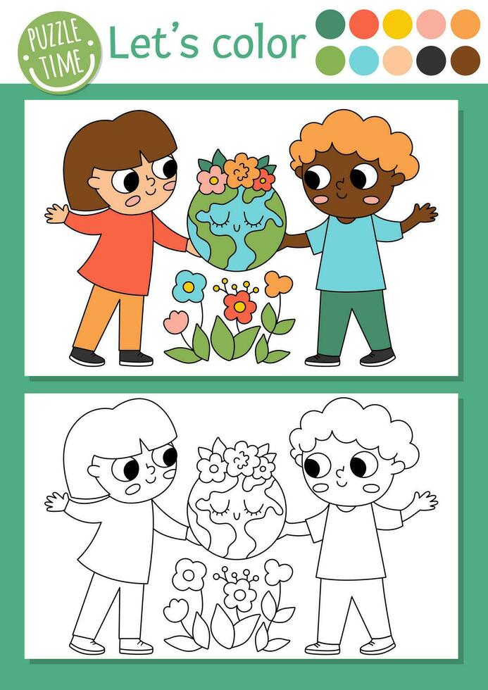 Ecological coloring page for children with kids holding planet. Vector eco awareness outline illustration. Color book for kids with colored example. Drawing skills printable worksheet