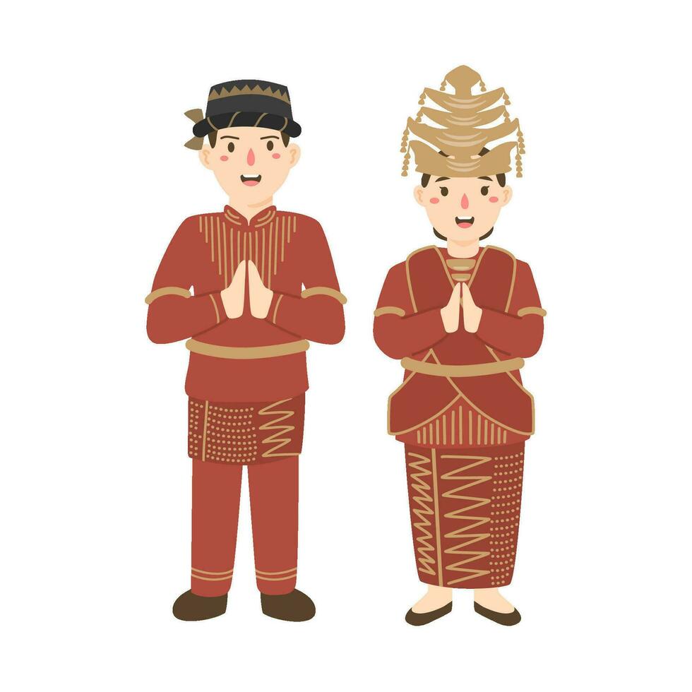 Pareja vestir tradicional batak mandar paño saludos Bienvenido a norte Sumatra vector