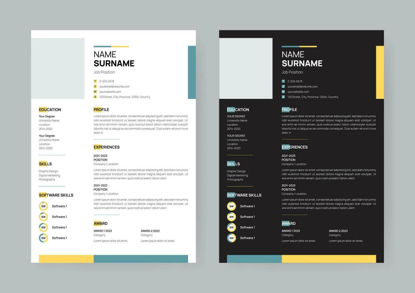 creativo currículum o CV plantillas, verde azulado verde y amarillo color, vector plantillas