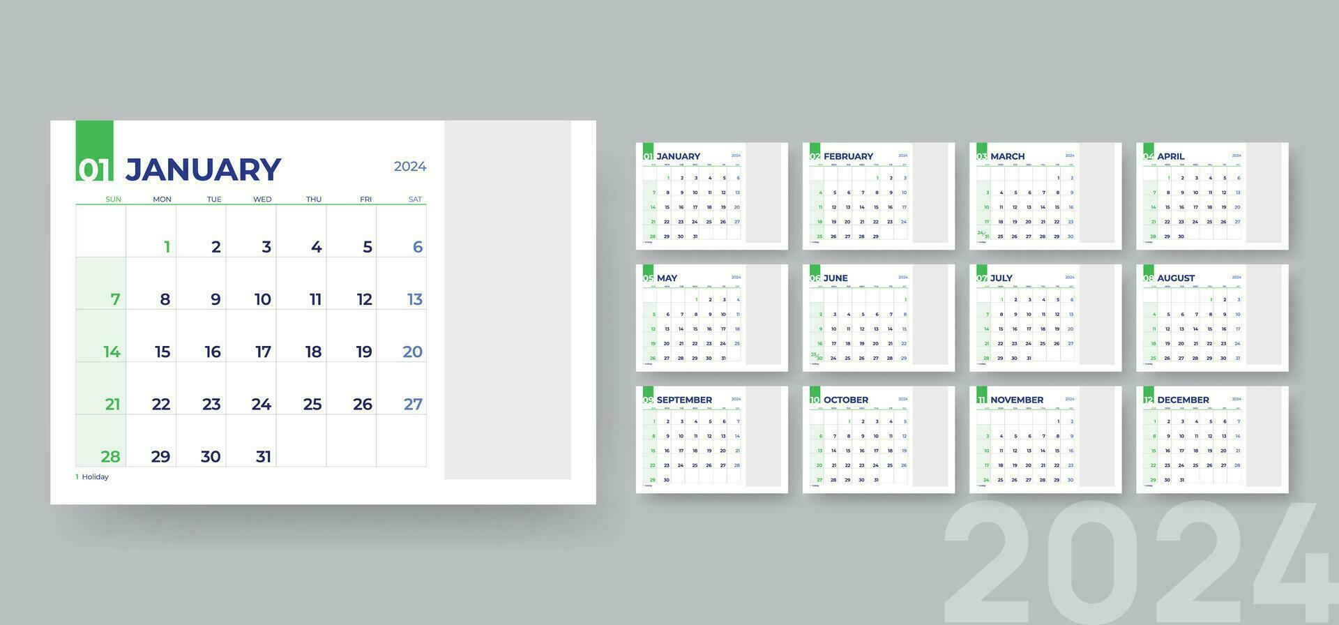 Horizontal monthly calendar template for 2024 year, Corporate templates design with space for image, Vector calendar template