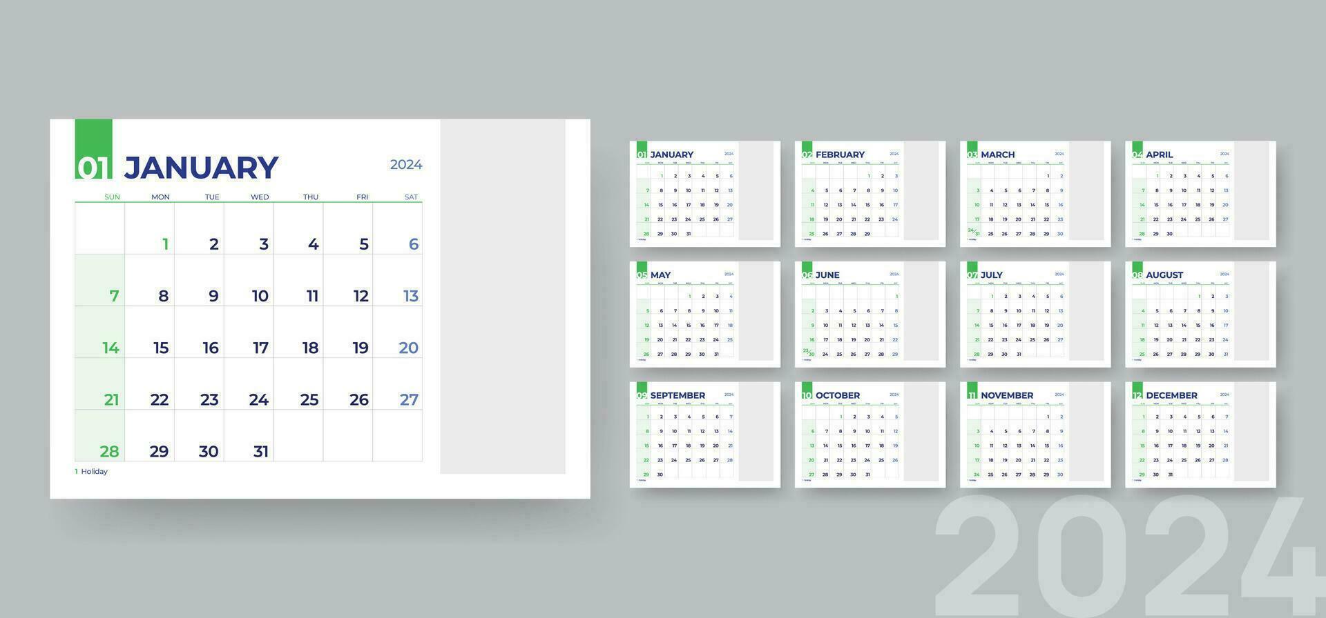 horizontal mensual calendario modelo para 2024 año, corporativo plantillas diseño con espacio para imagen, vector calendario modelo