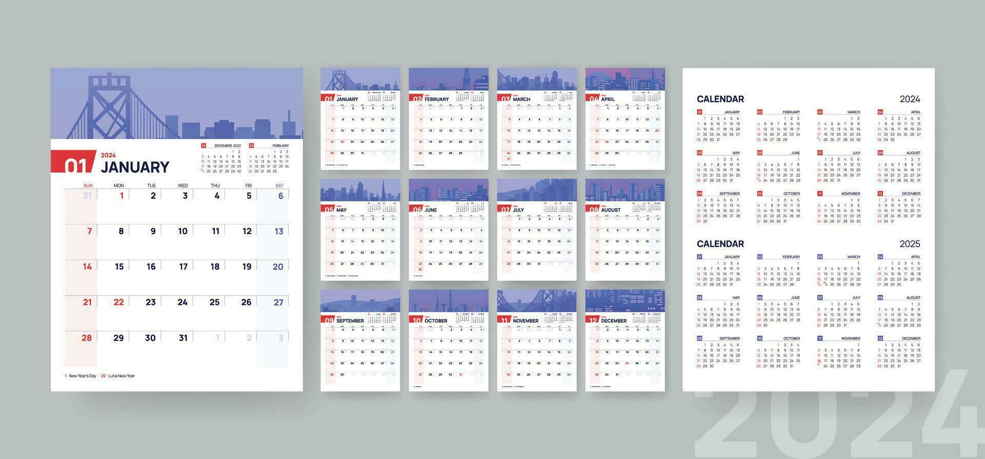 vertical mensual calendario modelo para 2024 año, corporativo plantillas diseño con espacio para imagen, vector calendario modelo