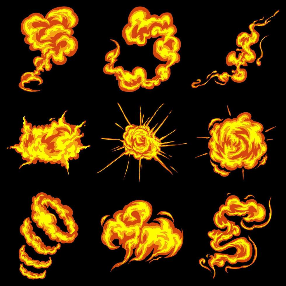 Bundle vector asset of fire explosions and splashes of smoke in orange and yellow colors