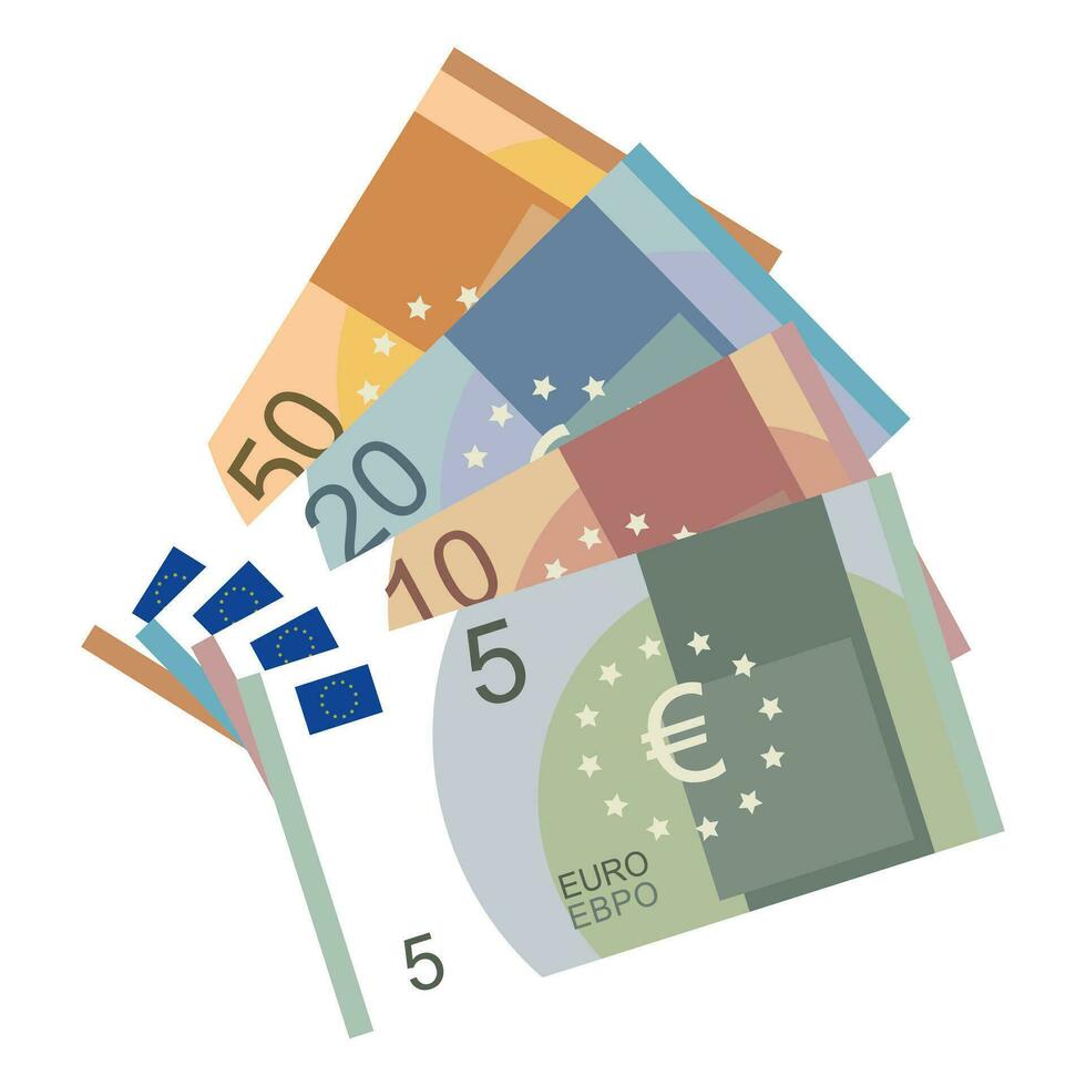 Euro banknote set. Five, ten, twenty and fifty euros. Vector illustration.