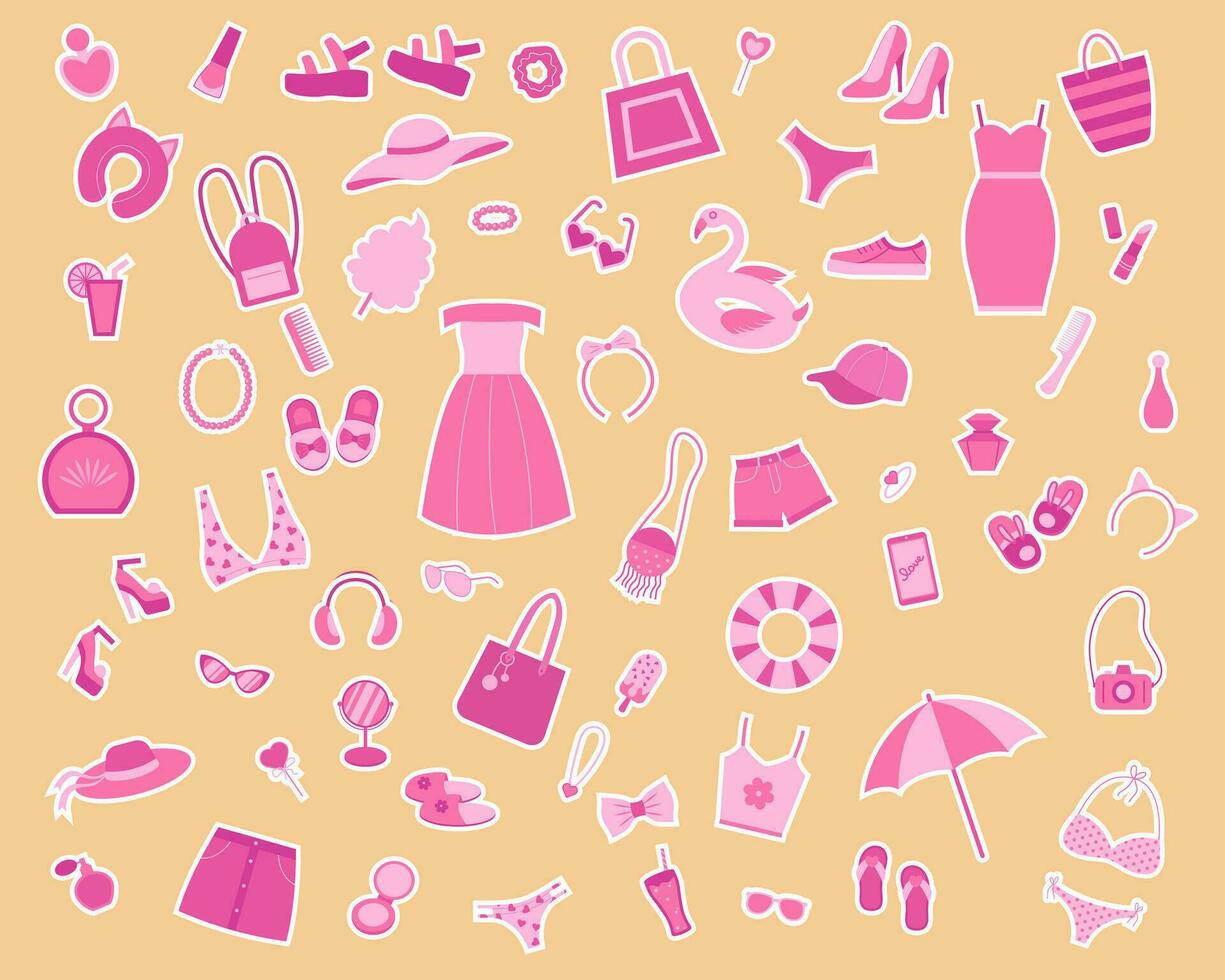 un conjunto de pegatinas de Moda artículos y accesorios para muchachas en rosado. vector