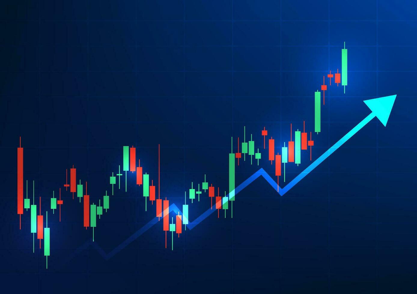 Graph technology background It is a technology that shows the growth price of a company on the stock market, increasing the attractiveness of investors. Candlestick chart with a rising blue arrow vector