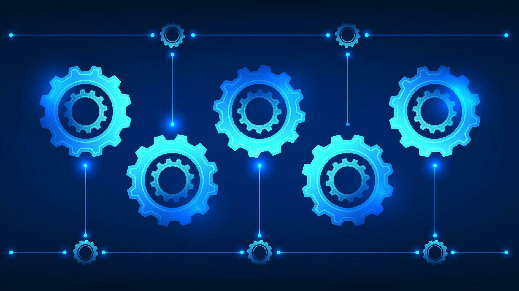 Gear technology illustration set of multiple gears with connected lines. It conveys the drive for technology to develop, to work together to help think and work in order to achieve the desired goals. vector