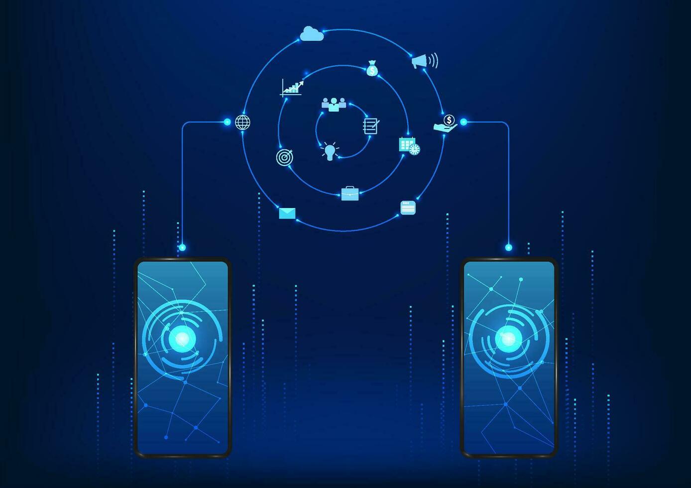 inteligente teléfono tecnología móvil teléfono conectado íconos con información golpes eso es un tecnología ese aumenta conveniencia para los usuarios a comunicar, trabajar, enviar información, y entretenimiento vector