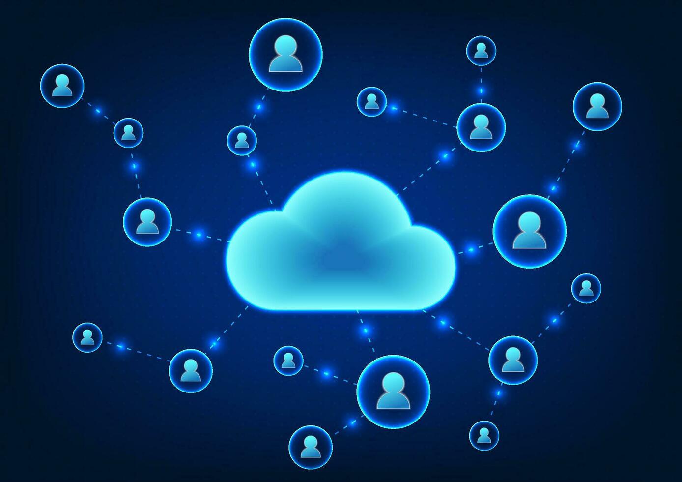 Cloud technology, Cloud with circuit boards connected to people icons Refers to technology for backing up data and sharing data to recipients via the Internet with a data security system. vector