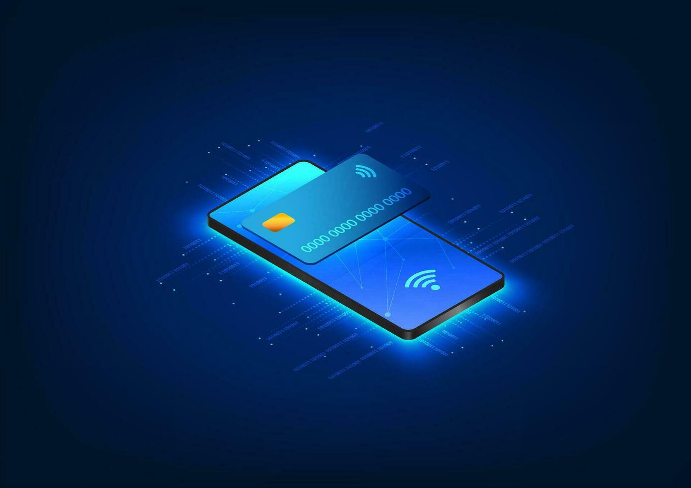 Smartphone technology with a credit card placed above the mobile screen Smartphone technology can pay for products online via the Internet network. to make life more convenient and faster vector