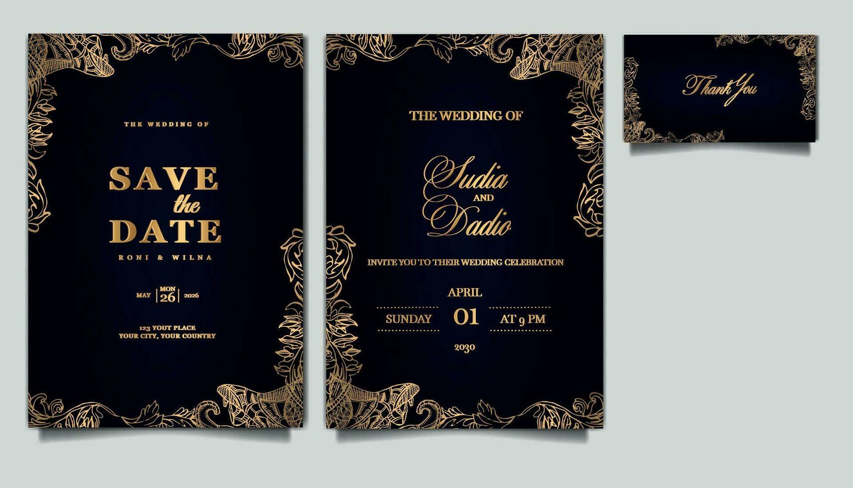 elegant wedding invitation cards set vector